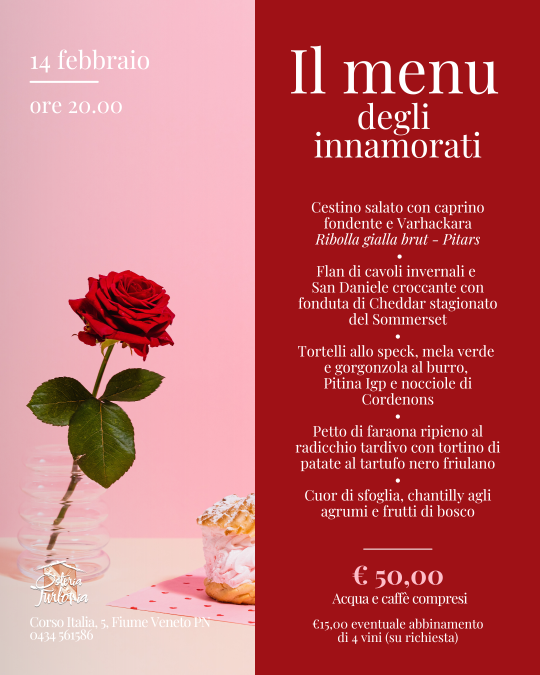 Cena San Valentino Fiume Veneto Osteria Turlonia menu