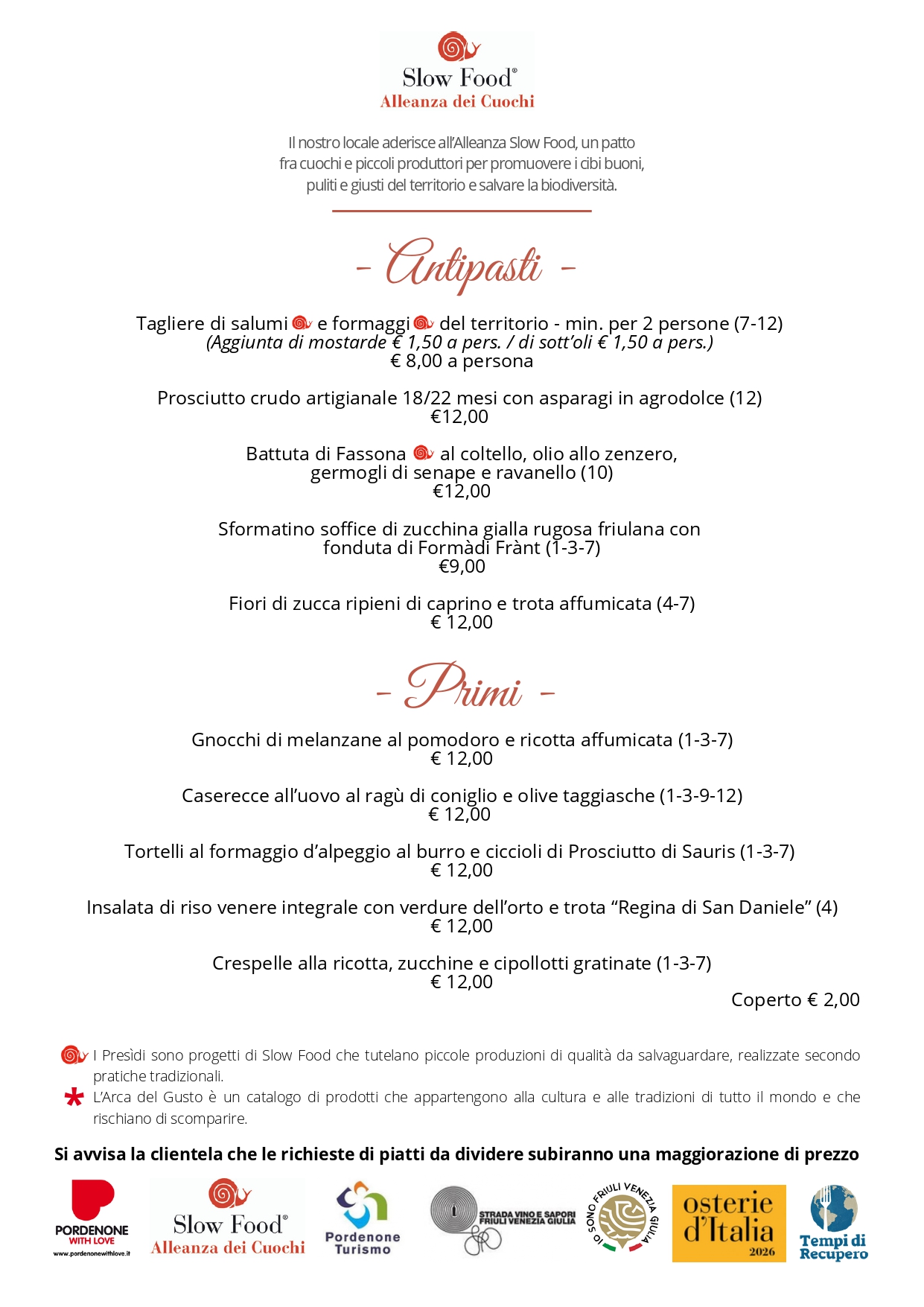 Menu giugno 2026 estate Osteria Turlonia Fiume Veneto Pordenone