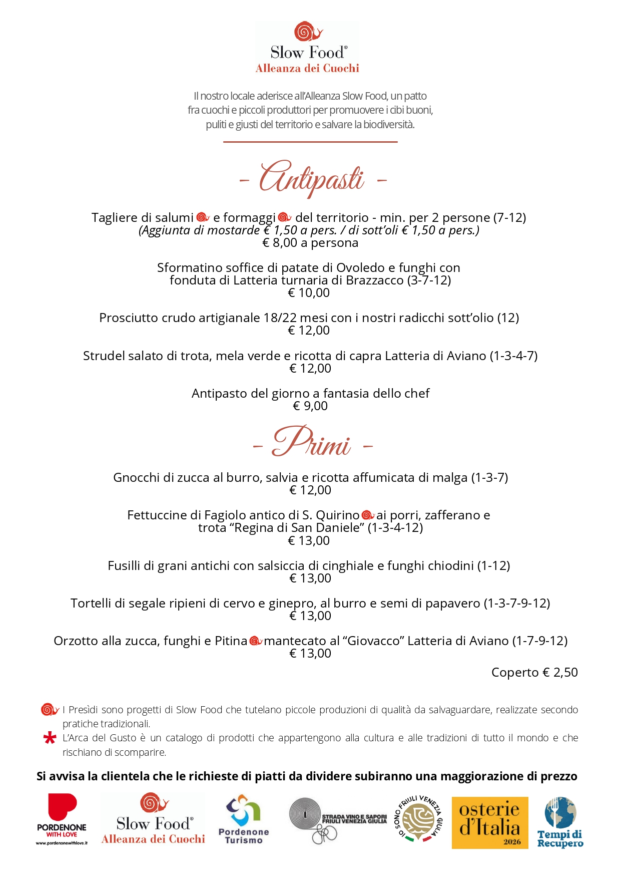 Menu settembre 2026 estate Osteria Turlonia Fiume Veneto Pordenone